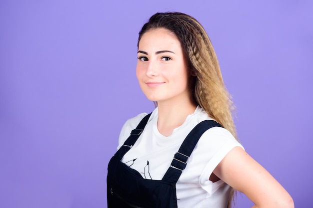 Popular look Woman smiling face posing with stylish hairstyle on violet background Hair crimping method styling hair becomes wavy zigzag fashion Voluminous crimped hair Trendy crimped hairstyles