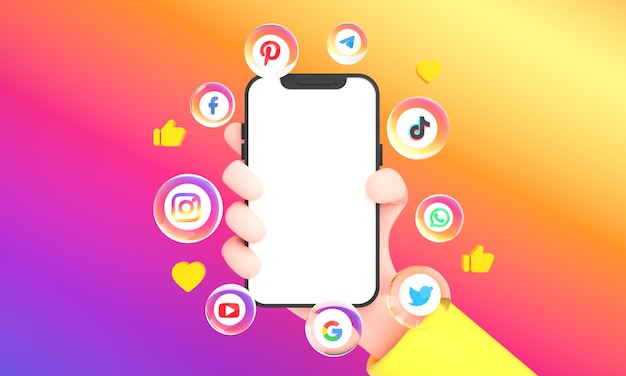 Premium Photo | Popular social media icons and social networking hand  holding phone mockup on colorful background