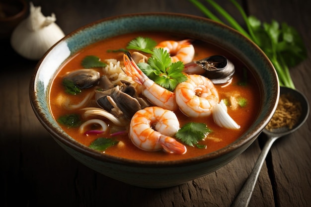 Popular Thai food includes Tom Yum Goong a hot and sour soup with prawns