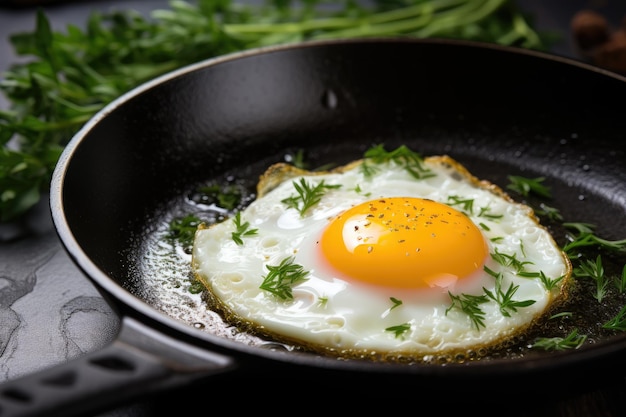 人気のタイ風目玉焼きを黒い丸いフライパンで高温の油で調理し、上面をクローズアップ