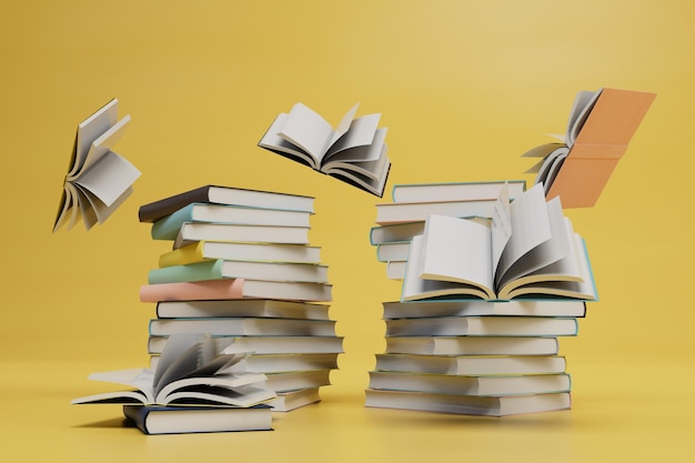 Popularity of reading printed editions of books many books on a yellow background 3d render