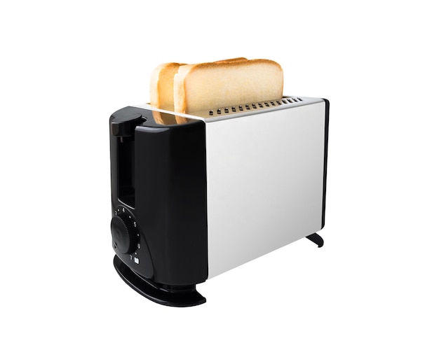 Popup toaster with bread slices isolated on white background Electric appliance for making toasts