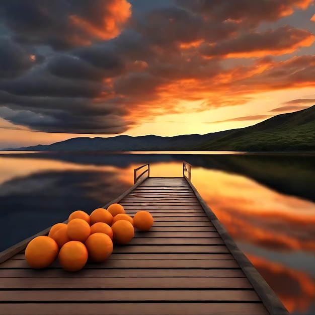 Foto por do sol em um lago um deck de madeira tons de laranja um barco simples ao fundo ai
