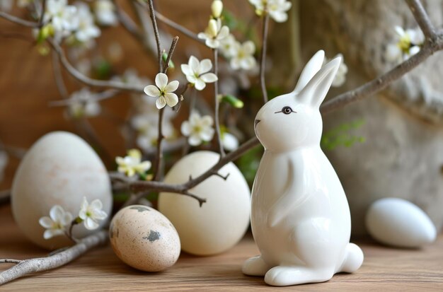 春の花をかせた陶器のウサギ