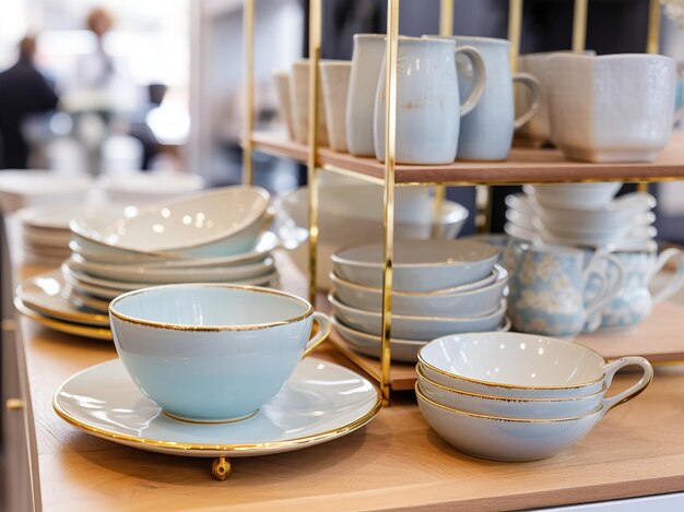 porcelain ceramic handmade colored ceramic tableware on the counter in the store