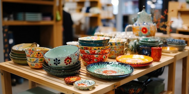 porcelain ceramic handmade coloredtableware on the counter in the store