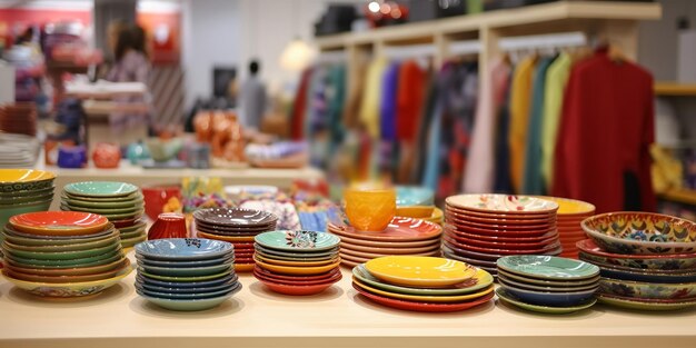 porcelain ceramic handmade coloredtableware on the counter in the store