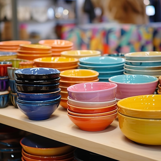 фарфоровая керамическая цветная посуда ручной работы на прилавке в магазине