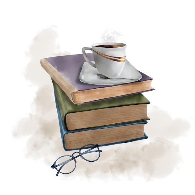 Порцеляновая чашка кофе на стопе книг Цифровая акварельная иллюстрация Элегантные стаканы, изолированные на фоне Старые старинные книги находятся в стопе с чашкой кофе на вершине на тарелке