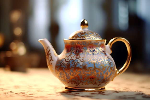A porcelain teapot ornately decorated