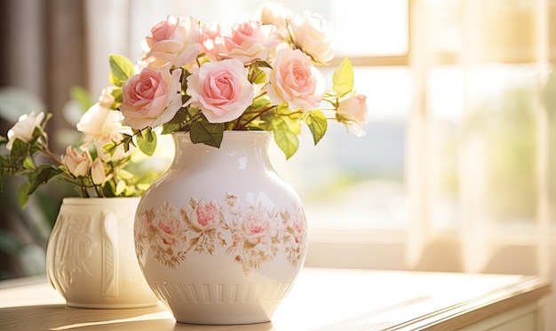 The porcelain vase filled with fresh roses created a charming ambiance inviting guests to appreciate the beauty of nature