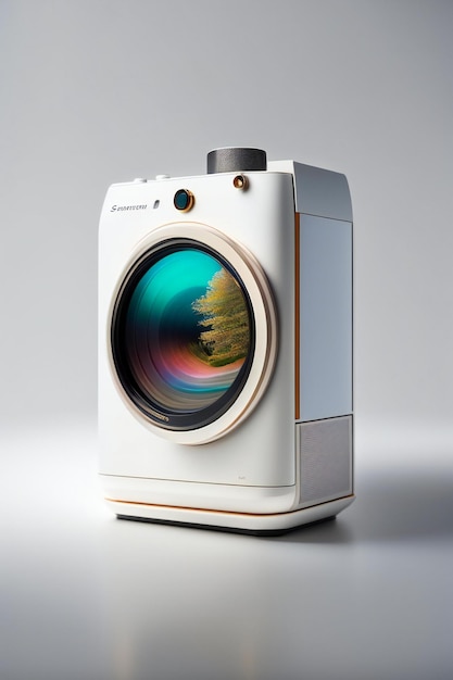 porcelaine suitwhite backgroundside view product photography of a camera designed by Dieter Rams c