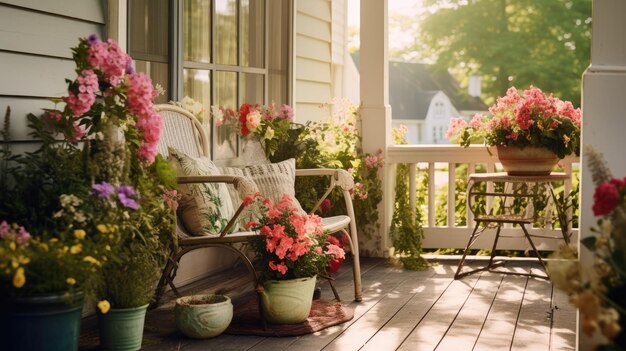 Porch Adorned With Vibrant Flowers and Abundant Potted Plants Spring