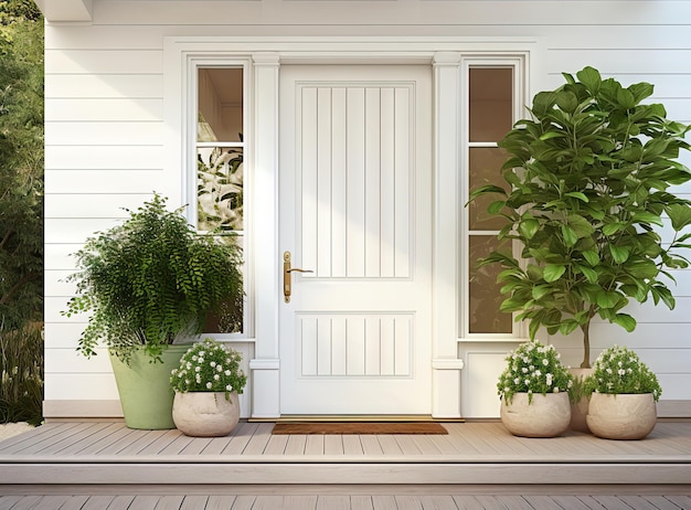 Photo porch entrance door with decorative flower pots created with generative ai technology
