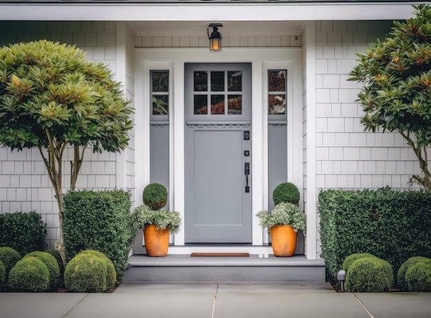 Porch entrance door with decorative flower pots created with Generative AI technology