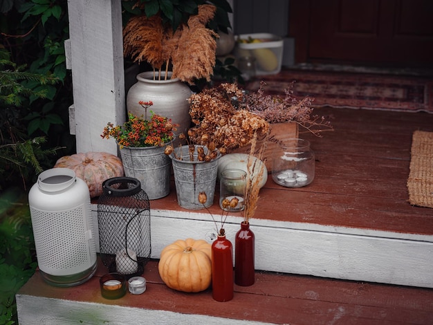 Porch or patio family heirlooms with pumpkins and cozy blankets
