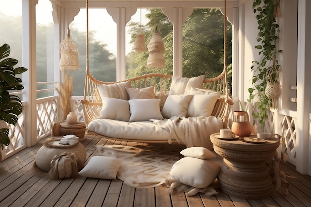 A porch swing with pillows and a blanket on it AI