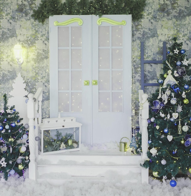 Porch with door in Christmas decorations