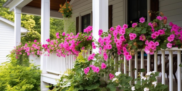 A porch with flowers on the front porch