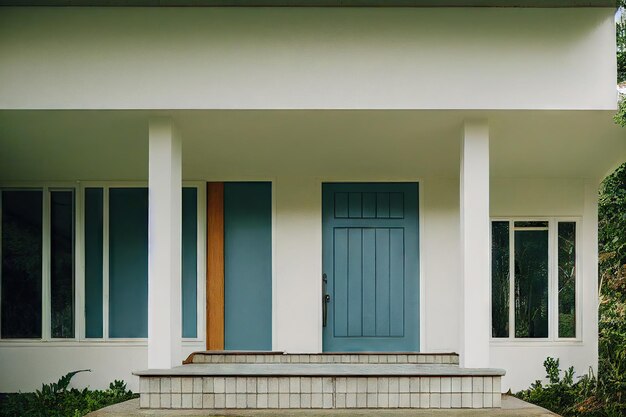 Porch with step and grey blue front door of house