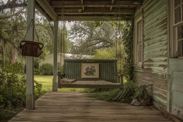 A porch with a swing and a picture on the wall