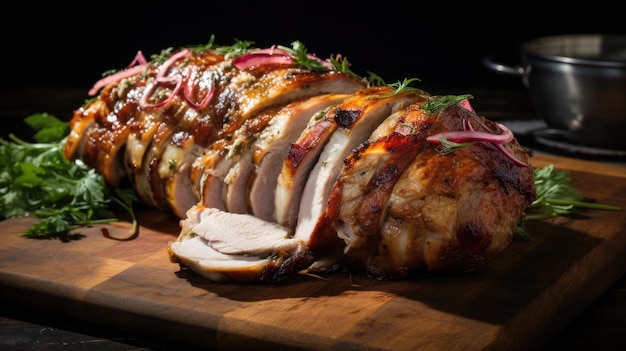 porchetta slices grilled pork belly on a wooden table