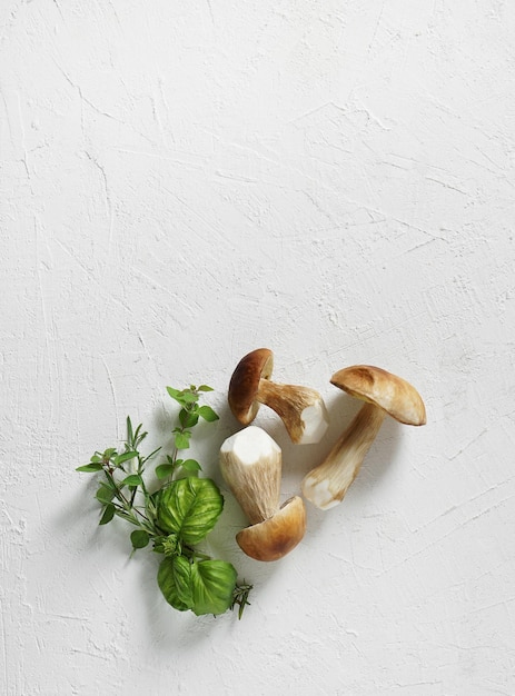 Porcini mushrooms and a bunch of fragrant herbs lie on a white background, top view, vertical orientation, copy space