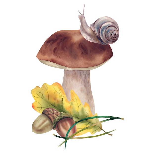 Porcini mushrooms with autumn leaves snail and acorns Watercolor illustration Forest plants Autumn composition