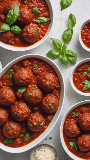 Porcupine balls ground beef and rice meatballs in tomato sauce with basil leaves in white bowl on wh