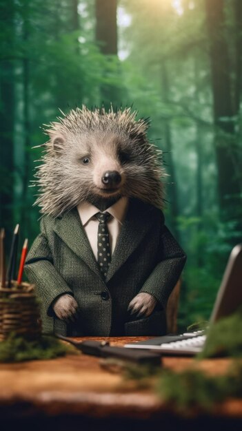 Porcupine in a Business Suit in a ForestThemed Office AI Generated
