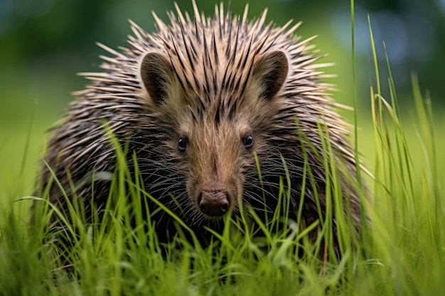 Porcupine on green grass