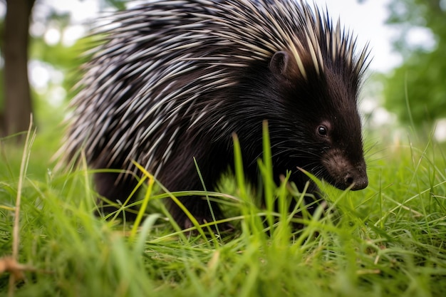 Porcupine on green grass