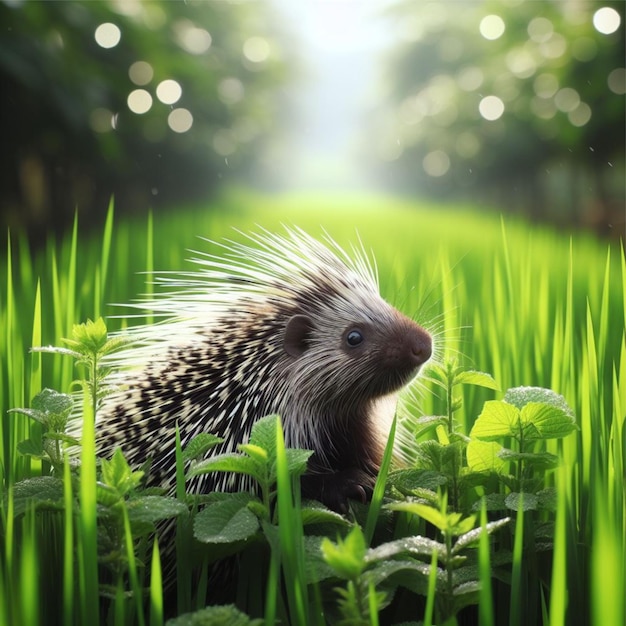 Porcupine in a rice field among green bushes