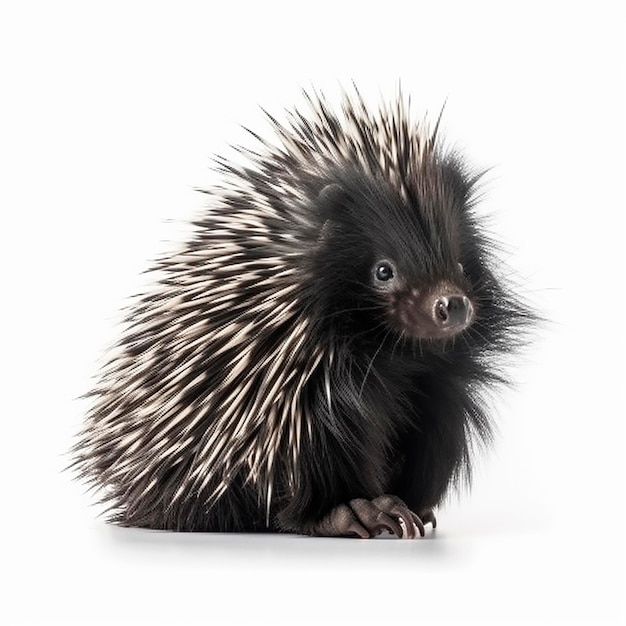 Porcupine with long spines isolated on white background closeup unusual animal