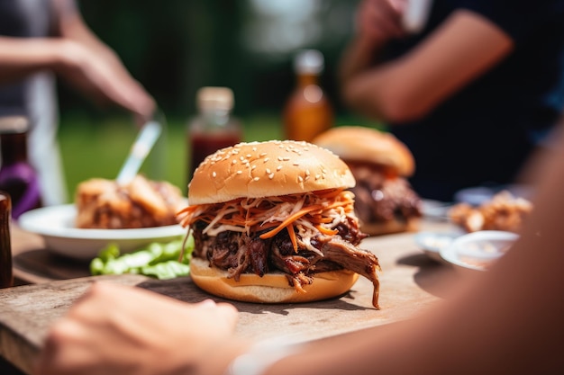 Foto hamburger di maiale con insalata di cavolo e sottaceti su un panino brioche servito nel cortile di una casa americana con un gruppo di persone