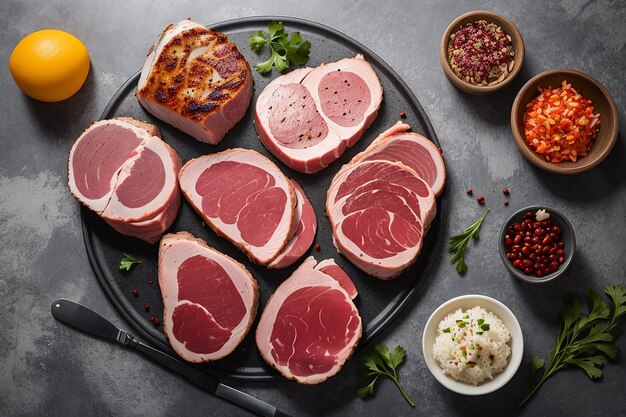 Photo pork chop sliced fresh meat set on gray stone table background top view flat lay