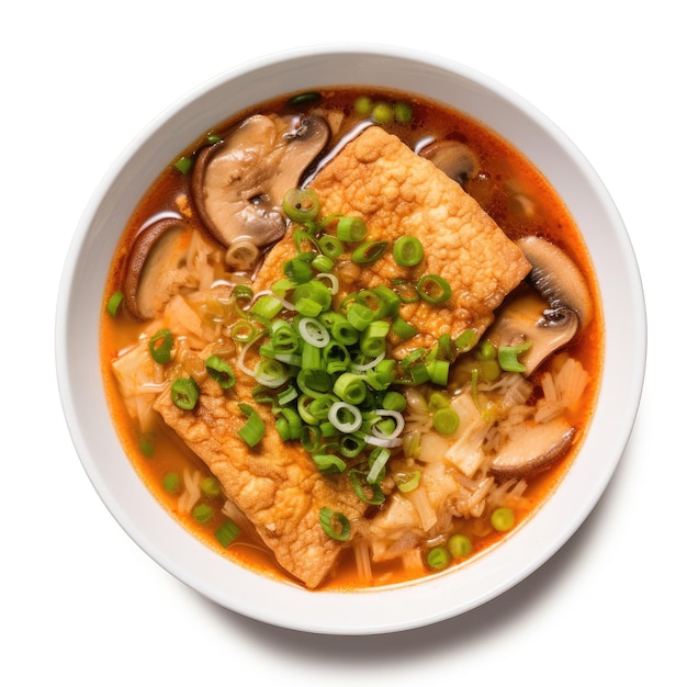 Pork chops and tofu soup on white bowl top view on white background