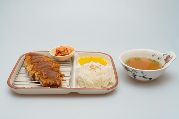 Pork cutlet and miso soup in a bowl