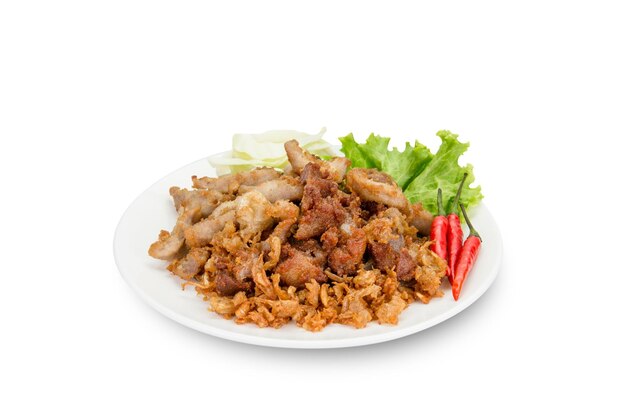 pork fried with garlic isolated on white backgroundclipping path