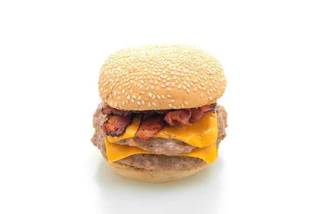 pork hamburger or pork burger with cheese and bacon isolated on white background