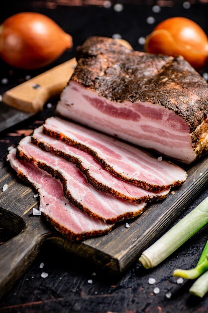 Photo pork lard cut on a cutting board