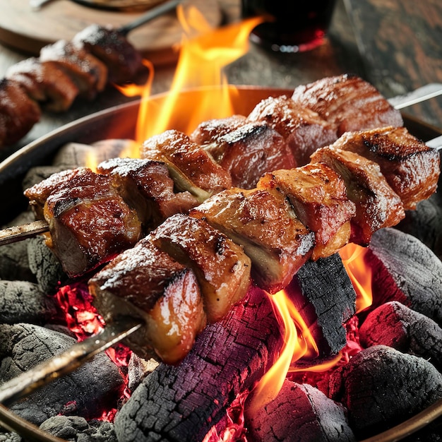 Photo pork meat shish kebab on a fire on coals