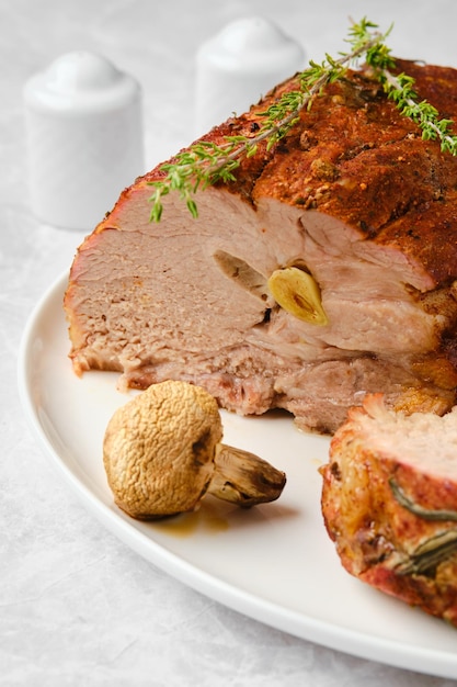 Pork neck baked in oven closeup