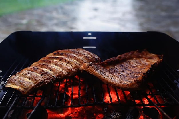 Pork ribs on the grill cooking coals / fresh meat pork cooked\
on charcoal, summer home cooked meal, grilled ribs