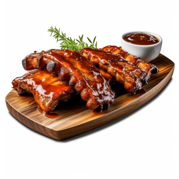 Pork ribs grilled with bbq sauce on hot plate realistic food photography isolated om white