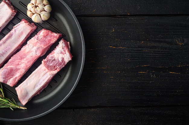 Pork ribs in pan top view