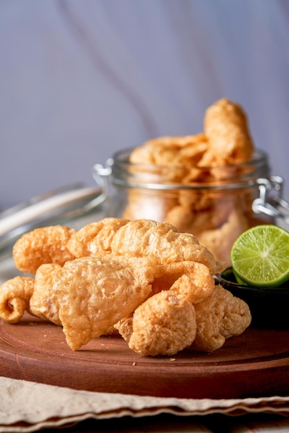 Pork Rinds also called chicharron or chicharrones and tortilla