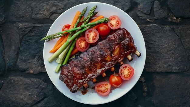 Photo pork roasted grilled spare ribs from a summer bbq served with vegetables asparagus baby carrots