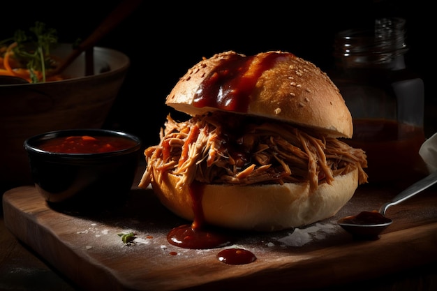 Pork sandwich barbeque Savory bun spicy sauce meal Generate Ai