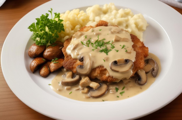 Photo pork schnitzel mushroom sauce plate cuisine lunch generate ai